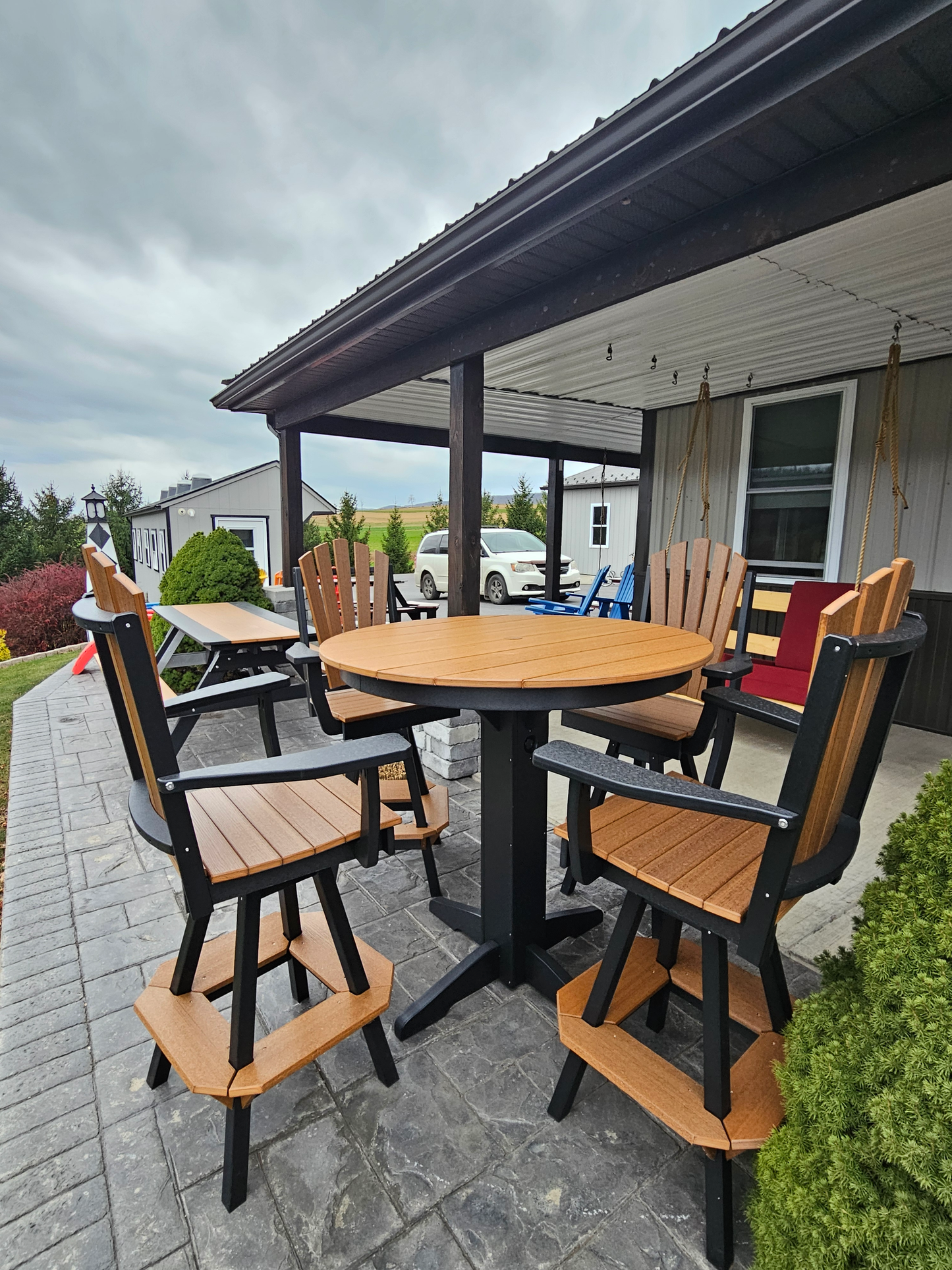 Bryton Park Poly Furniture Recycled Plastic 44in Round Bar Height Table with Fanback Swivel Bar Chair 5 Piece Set - LEAD TIME TO SHIP 10 BUSINESS DAYS