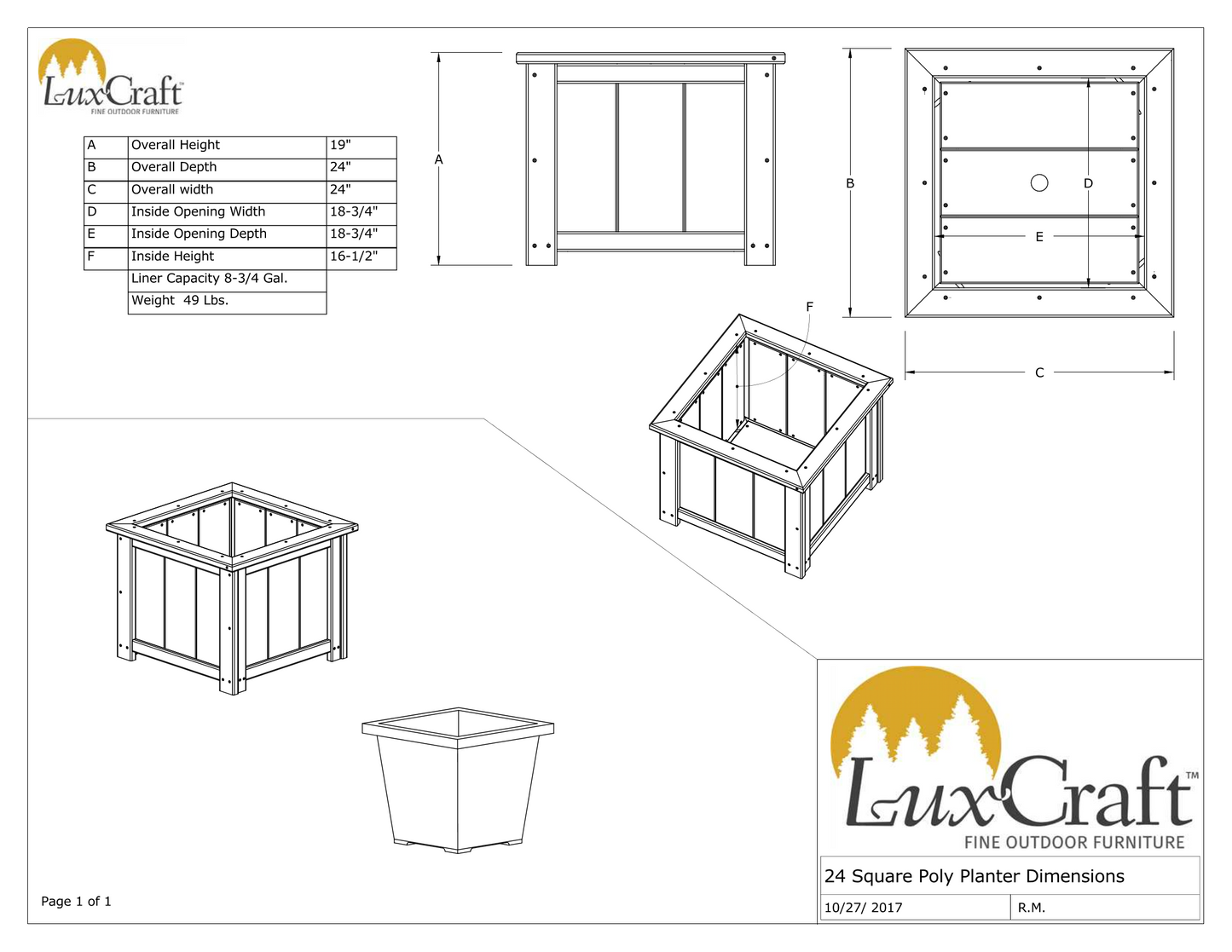 LuxCraft Recycled Plastic Classic 24" Square Planter - LEAD TIME TO SHIP 3 TO 4 WEEKS