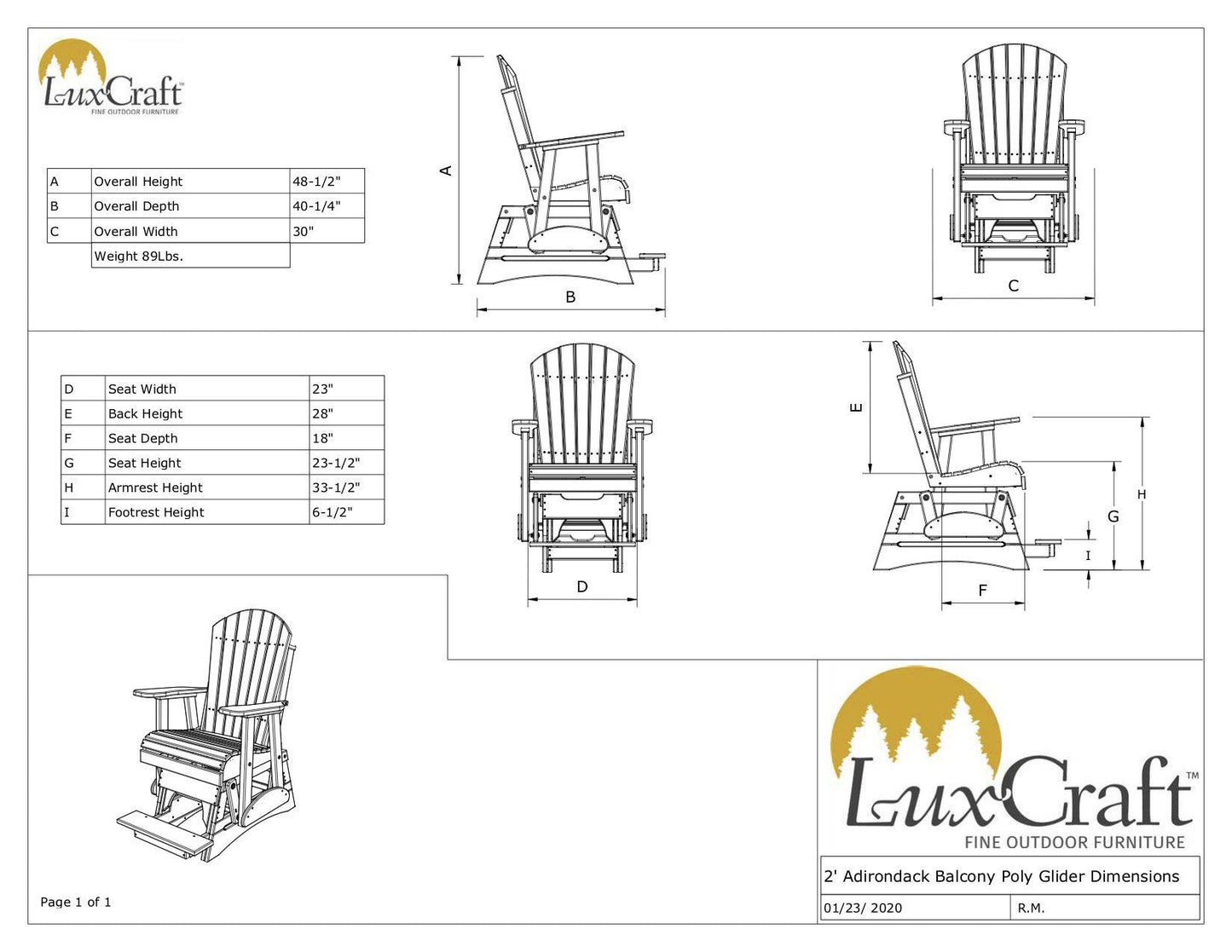 LuxCraft Recycled Plastic Counter Height  2' Adirondack Counter Height Balcony Glider  - LEAD TIME TO SHIP 7 BUSINESS DAYS OR LESS