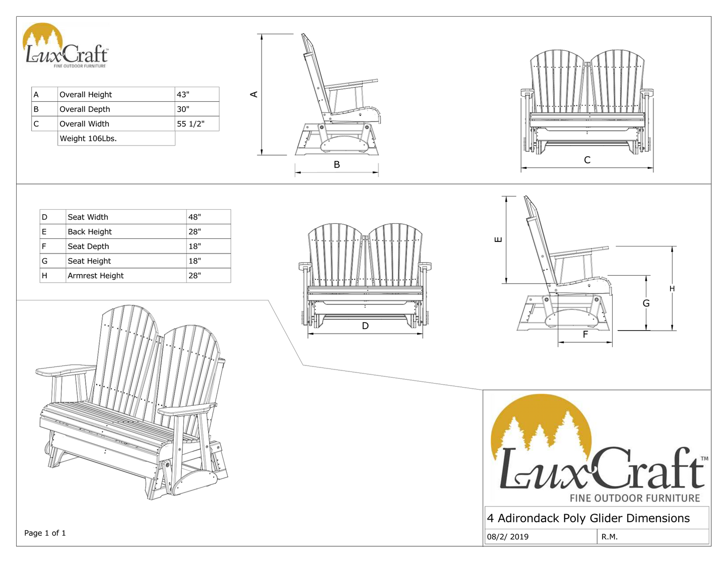 luxcraft recycled plastic 4' adirondack glider chair dimensions page