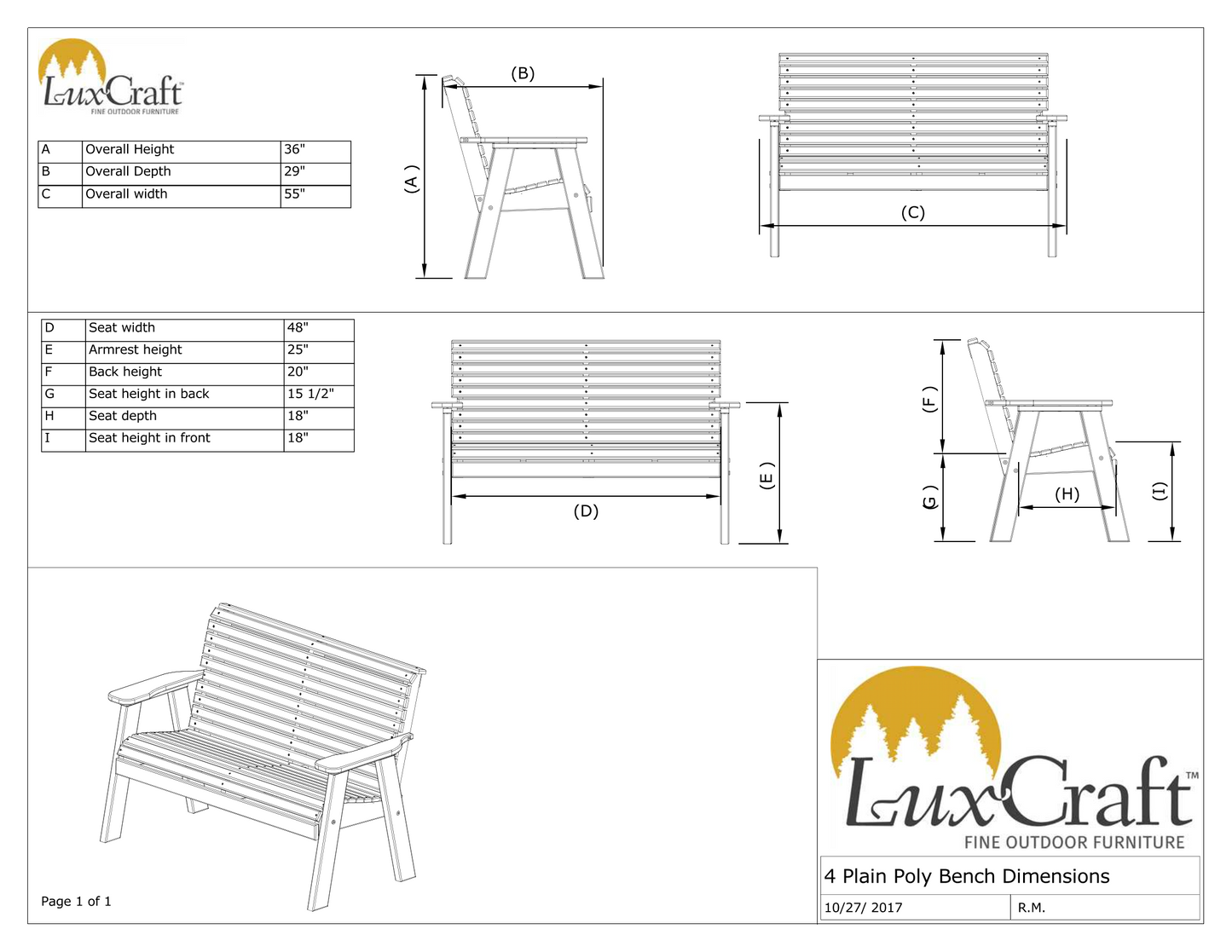 LuxCraft Rollback Recycled Plastic 4ft Plain Bench - LEAD TIME TO SHIP 7 BUSINESS DAYS OR LESS