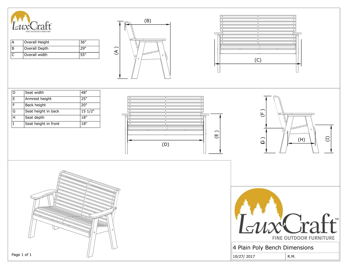 LuxCraft Rollback Recycled Plastic 4ft Plain Bench - LEAD TIME TO SHIP 10 to 12 BUSINESS DAYS