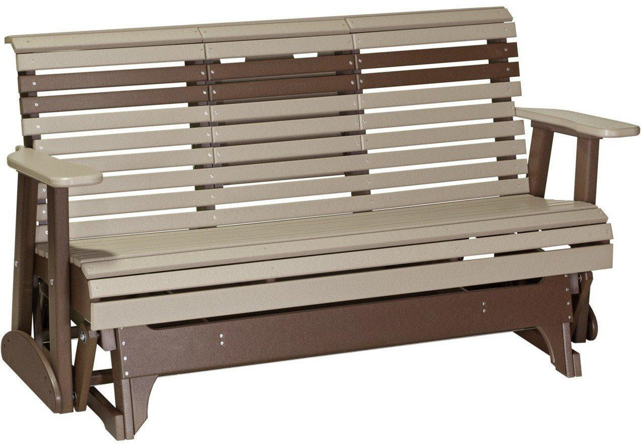 LuxCraft Rollback Recycled Plastic 5ft. Patio Glider with Flip Down Center Console - Weatherwood on Chestnut Brown