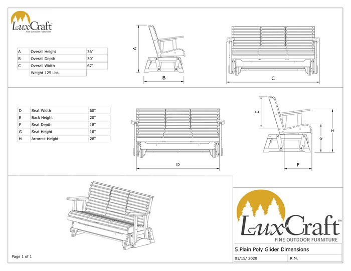 LuxCraft 5' Rollback Recycled Plastic Patio Glider with Flip Down Center Console  - Spec Sheet