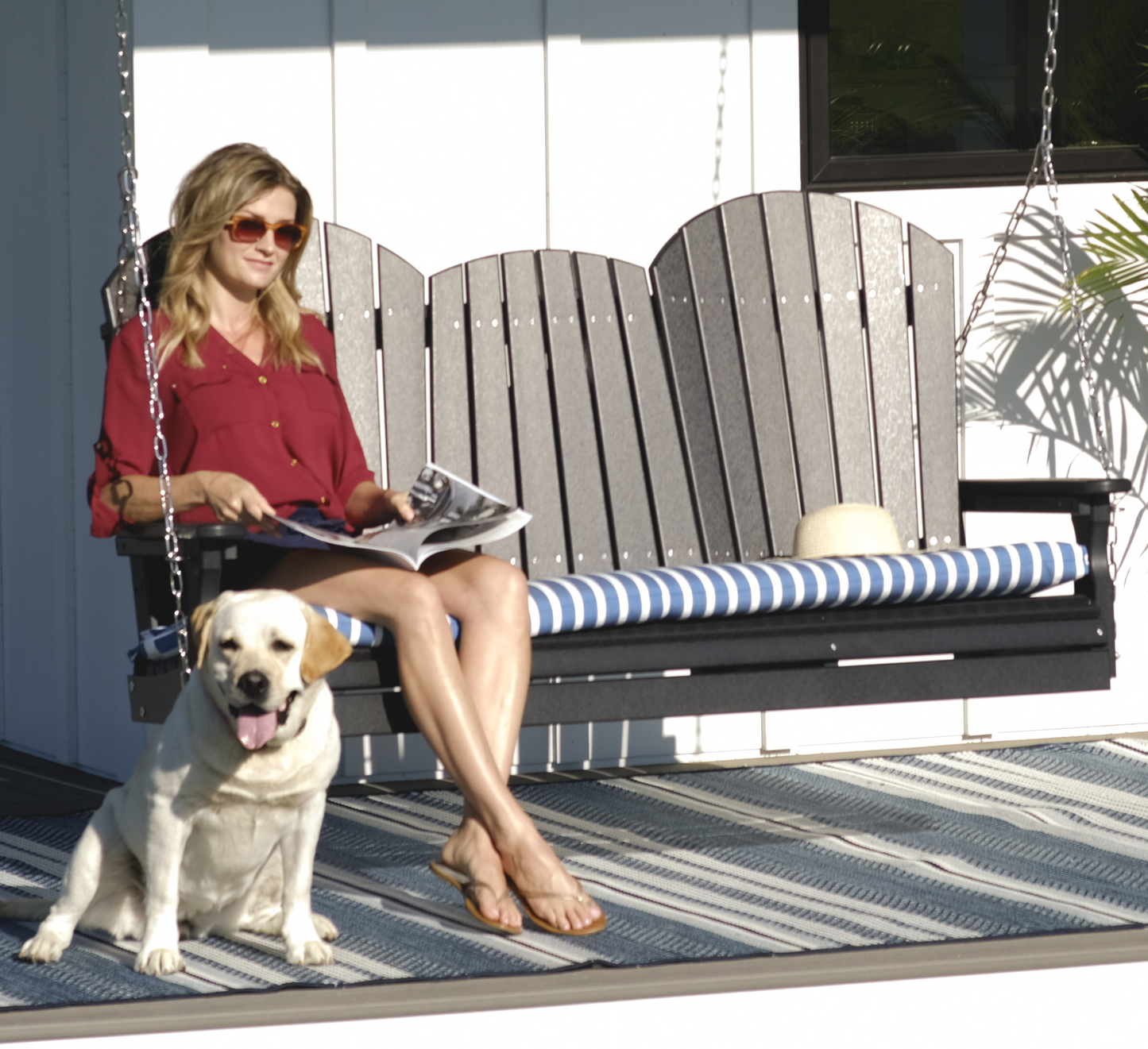 LuxCraft Adirondack 5ft. Recycled Plastic Porch Swing with Flip Down Center Console - Black