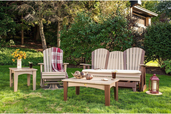 luxcraft recycled plastic 5' adirondack glider chair with flip down center console weatherwood on chestnut brown set