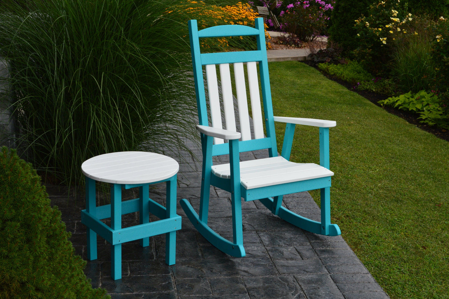 Bryton Park Recycled Plastic Poly Classic Porch Rocking Chair w White Accents and Round Table - LEAD TIME TO SHIP 10 BUSINESS DAYS