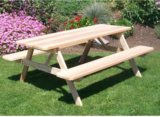 A & L FURNITURE CO. Western Red Cedar 5' Table w/Attached Benches - Specify for FREE 2" Umbrella Hole - Ships FREE in 5-7 Business days - Rocking Furniture