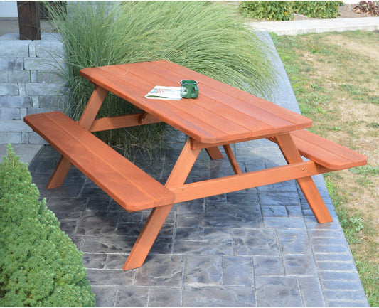 A & L FURNITURE CO. Western Red Cedar 8' Table w/Attached Benches - Specify for FREE 2" Umbrella Hole - Ships FREE in 5-7 Business days - Rocking Furniture