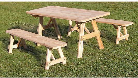 A & L FURNITURE CO. Western Red Cedar 4' Traditional Table w/2 Benches - Specify for FREE 2" Umbrella Hole - Ships FREE in 5-7 Business days - Rocking Furniture