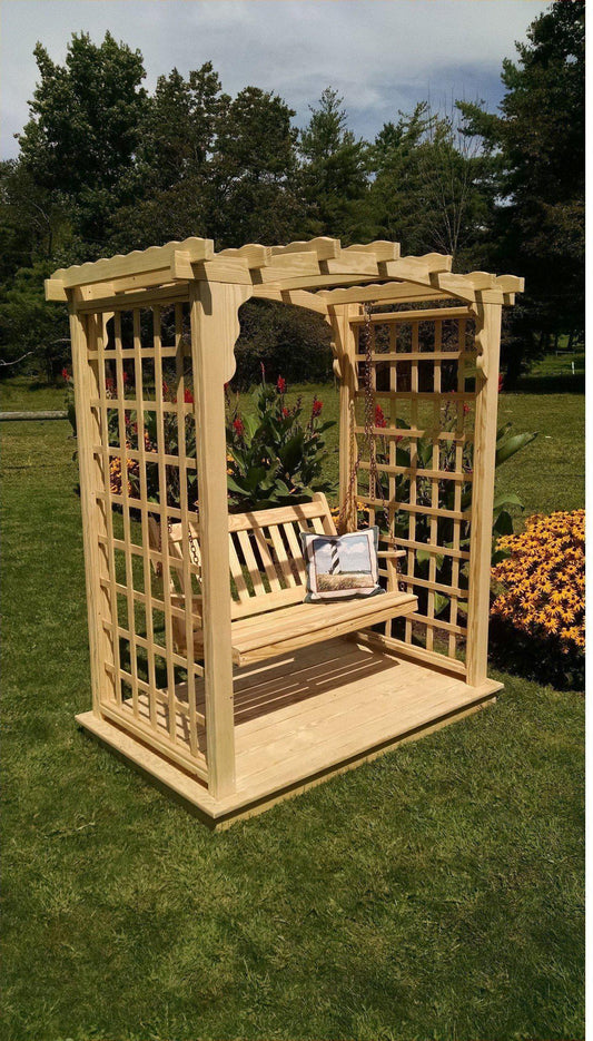 A & L FURNITURE CO. 6' Cambridge Pressure Treated Pine Arbor w/ Deck & Swing - Ships FREE in 5-7 Business days - Rocking Furniture