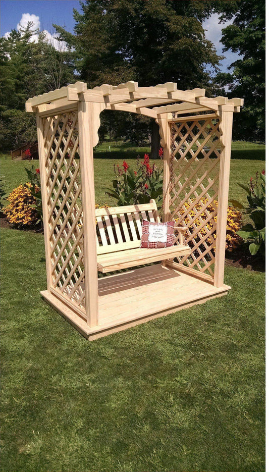 A & L FURNITURE CO. 5' Jamesport Pressure Treated Pine Arbor w/ Deck & Swing - Ships FREE in 5-7 Business days - Rocking Furniture