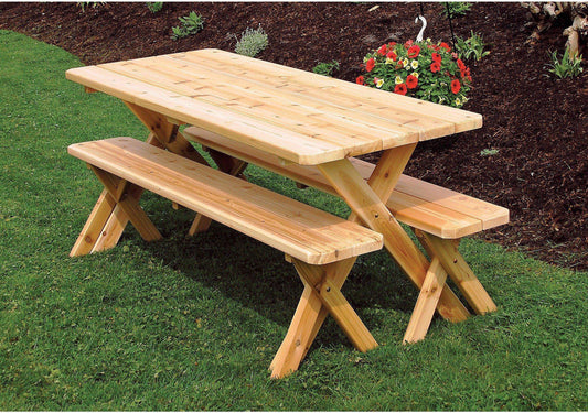A & L FURNITURE CO. Western Red Cedar 8' Cross-leg Table w/2 Benches - Specify for FREE 2" Umbrella Hole - Ships FREE in 5-7 Business days - Rocking Furniture