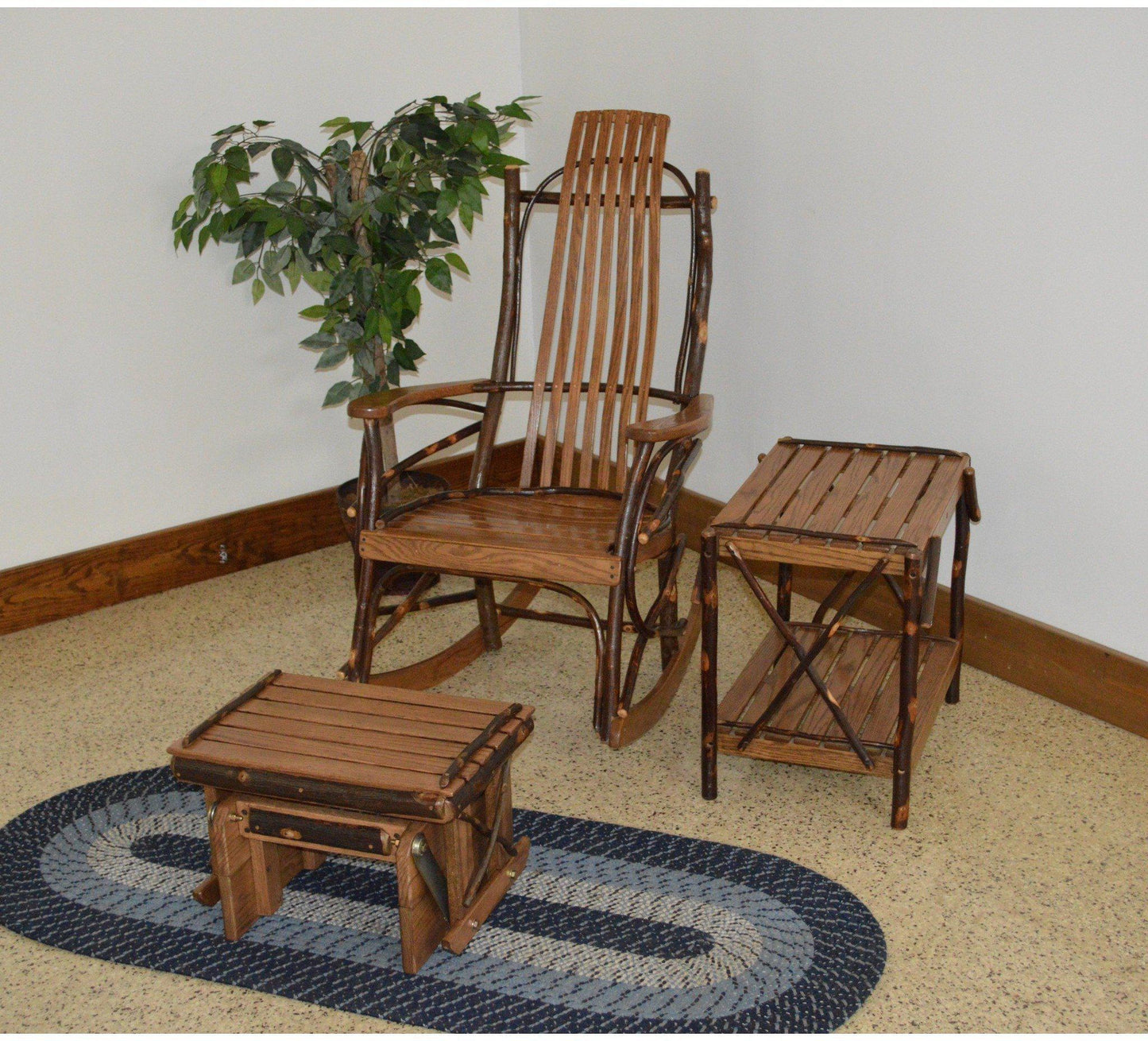 A & L Furniture Co. Amish Bentwood 7-Slat Hickory Rocking Chair With Gliding Ottoman and End Table Set  - Ships FREE in 5-7 Business days - Rocking Furniture