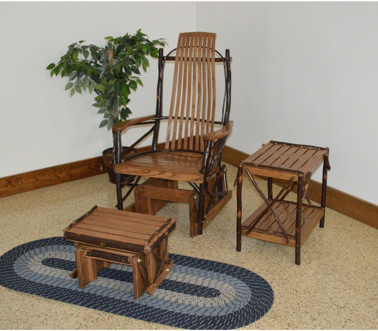 A & L Furniture Co. Amish Bentwood Hickory Glider Rocker With Gliding Ottoman and End Table Set - Ships FREE in 5-7 Business days - Rocking Furniture