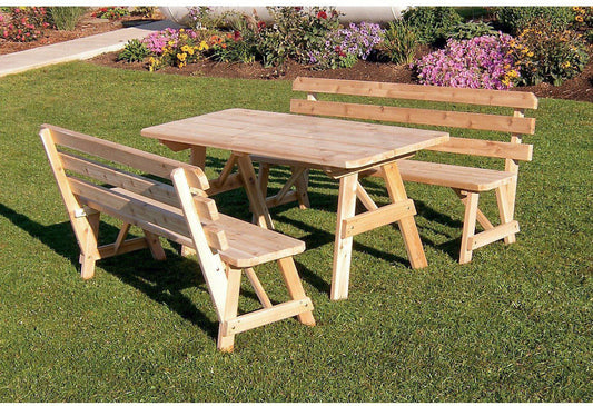 A & L FURNITURE CO. Western Red Cedar 6' Table w/2 Backed Benches - Specify for FREE 2" Umbrella Hole - Ships FREE in 5-7 Business days - Rocking Furniture
