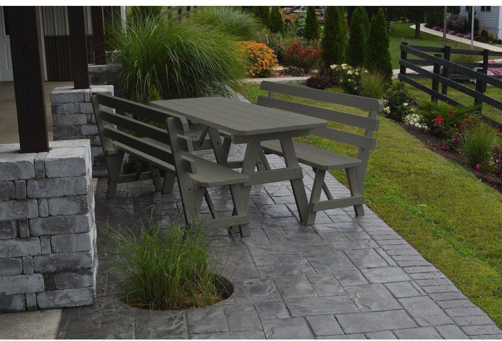 A&L Furniture Co. Yellow Pine 8' Table w/2 Backed Benches - Umbrella Hole - Rocking Furniture