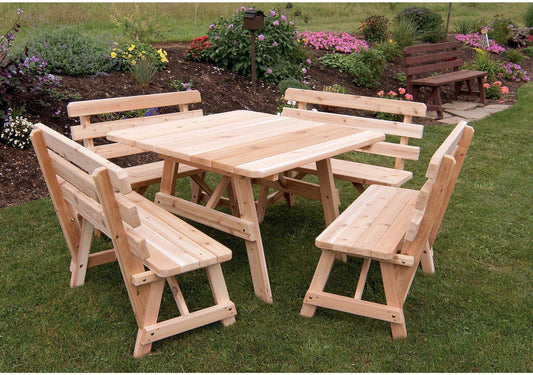 A & L FURNITURE CO. Western Red Cedar 43" Square Table w/ 4 Backed Benches- Specify for FREE 2" Umbrella Hole - Ships FREE in 5-7 Business days - Rocking Furniture