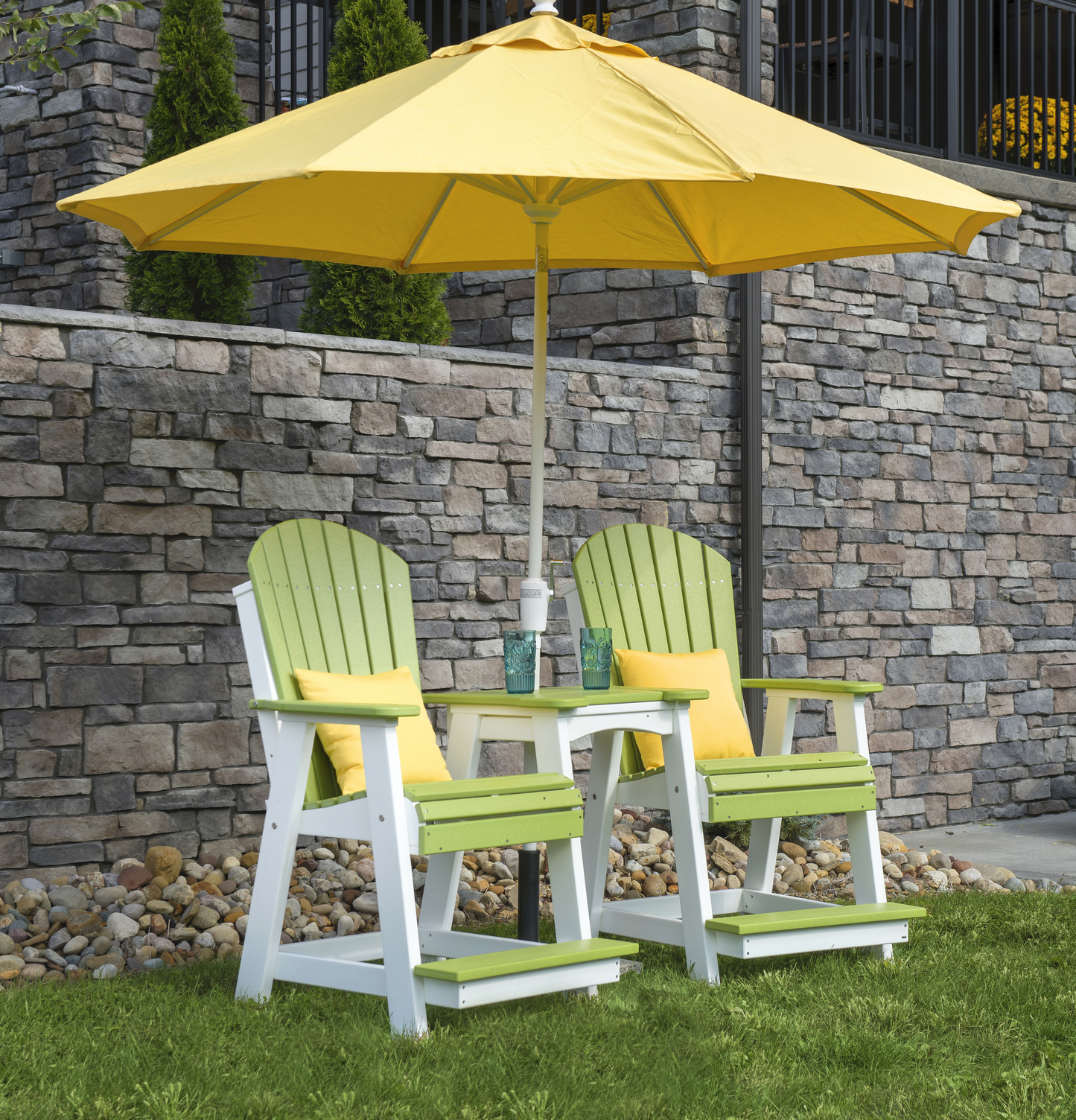 luxcraft recycled plastic balcony chair tete-a-tete connecting table lime green on white set