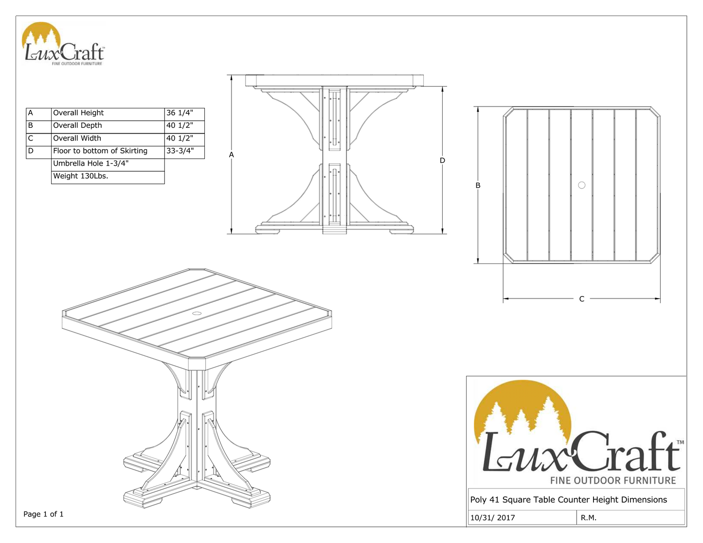 LuxCraft Recycled Plastic 41" Square Table (COUNTER HEIGHT) - LEAD TIME TO SHIP 3 TO 4 WEEKS