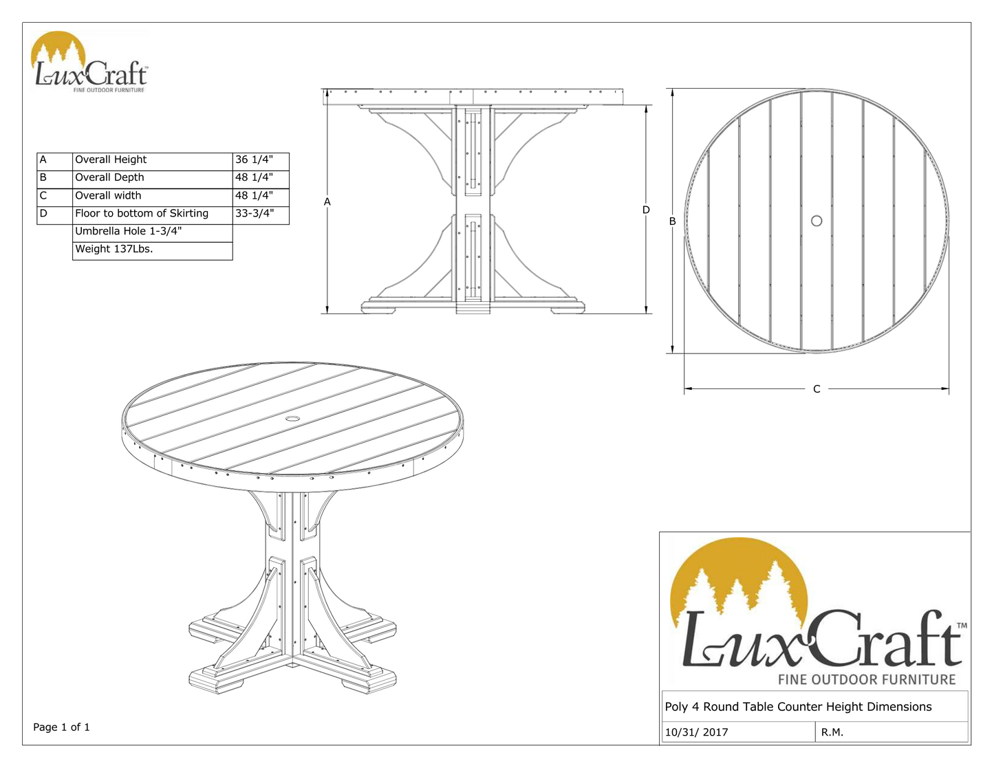 LuxCraft Recycled Plastic 4' Round Table (COUNTER HEIGHT) - LEAD TIME TO SHIP 3 TO 4 WEEKS