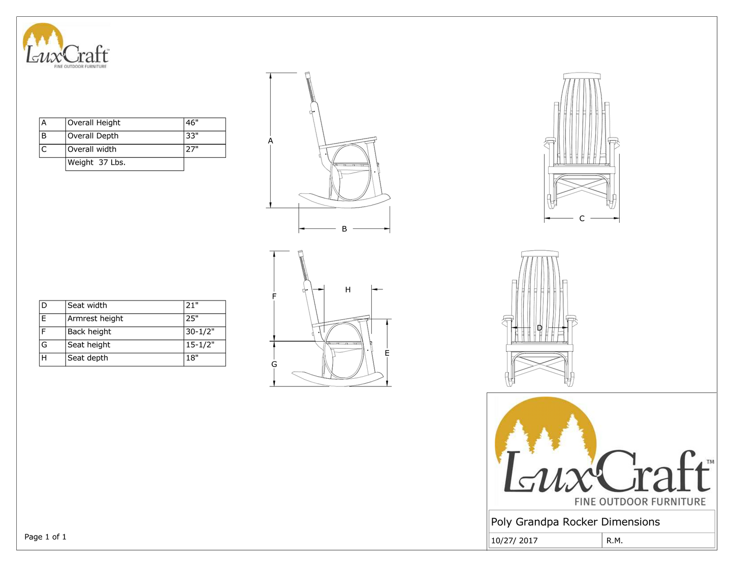 LuxCraft Recycled Plastic Grandpa's Porch Rocking Chair - LEAD TIME TO SHIP 3 TO 4 WEEKS