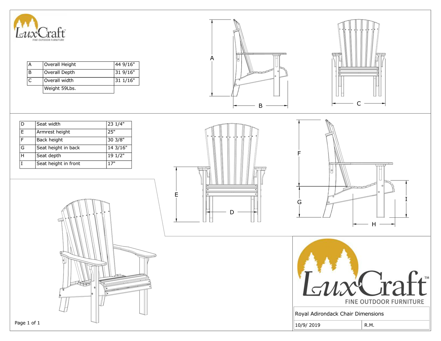 LuxCraft Recycled Plastic Royal Adirondack Chair with Elevated Seat Height  - LEAD TIME TO SHIP 10 to 12 BUSINESS DAYS