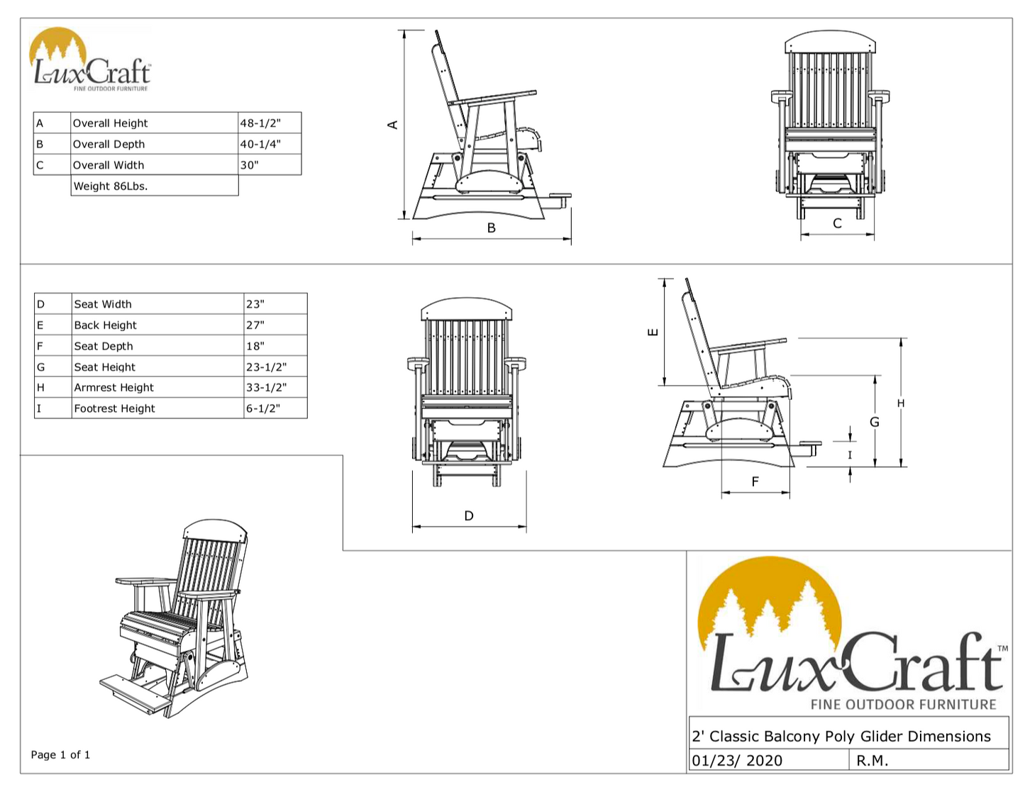 LuxCraft Recycled Plastic Counter Height 2' Classic Highback Balcony Glider  - LEAD TIME TO SHIP 7 BUSINESS DAYS OR LESS