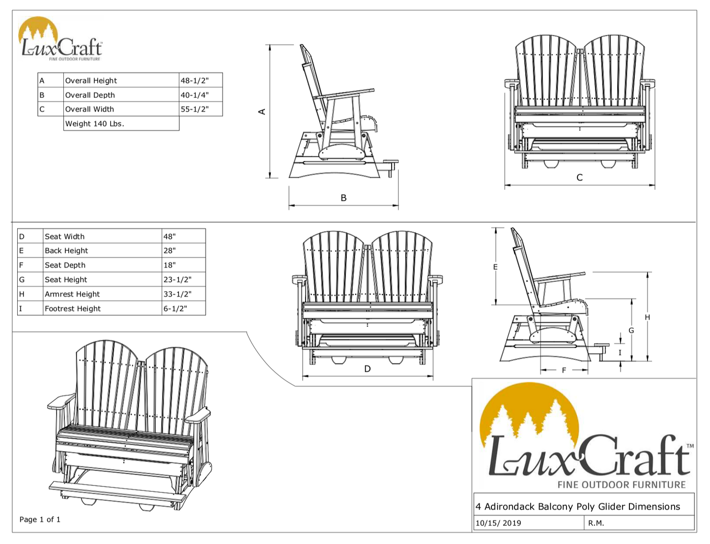 LuxCraft Recycled Plastic Counter Height 4' Adirondack Balcony Glider  - LEAD TIME TO SHIP 7 BUSINESS DAYS OR LESS