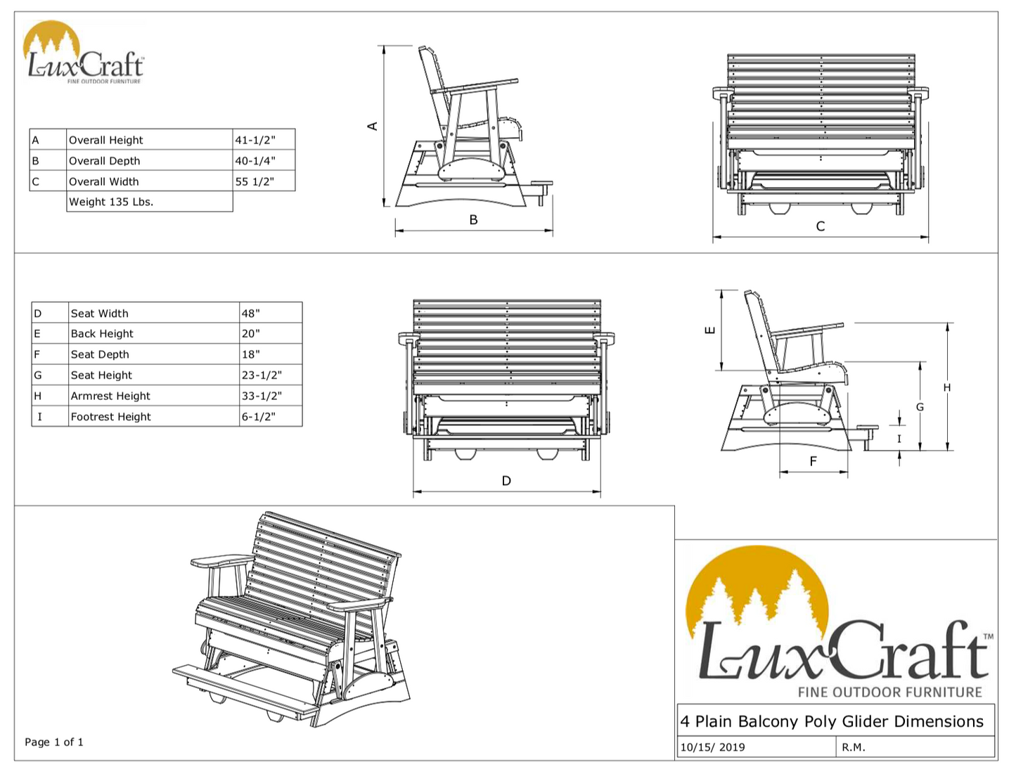 LuxCraft Recycled Plastic Counter Height 4' Plain Balcony Glider  - LEAD TIME TO SHIP 7 BUSINESS DAYS OR LESS