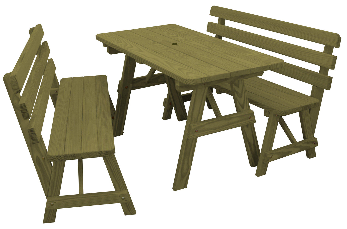 A&L Furniture Co. Yellow Pine 5' Table w/2 Backed Benches - Umbrella Hole - LEAD TIME TO SHIP 10 BUSINESS DAYS