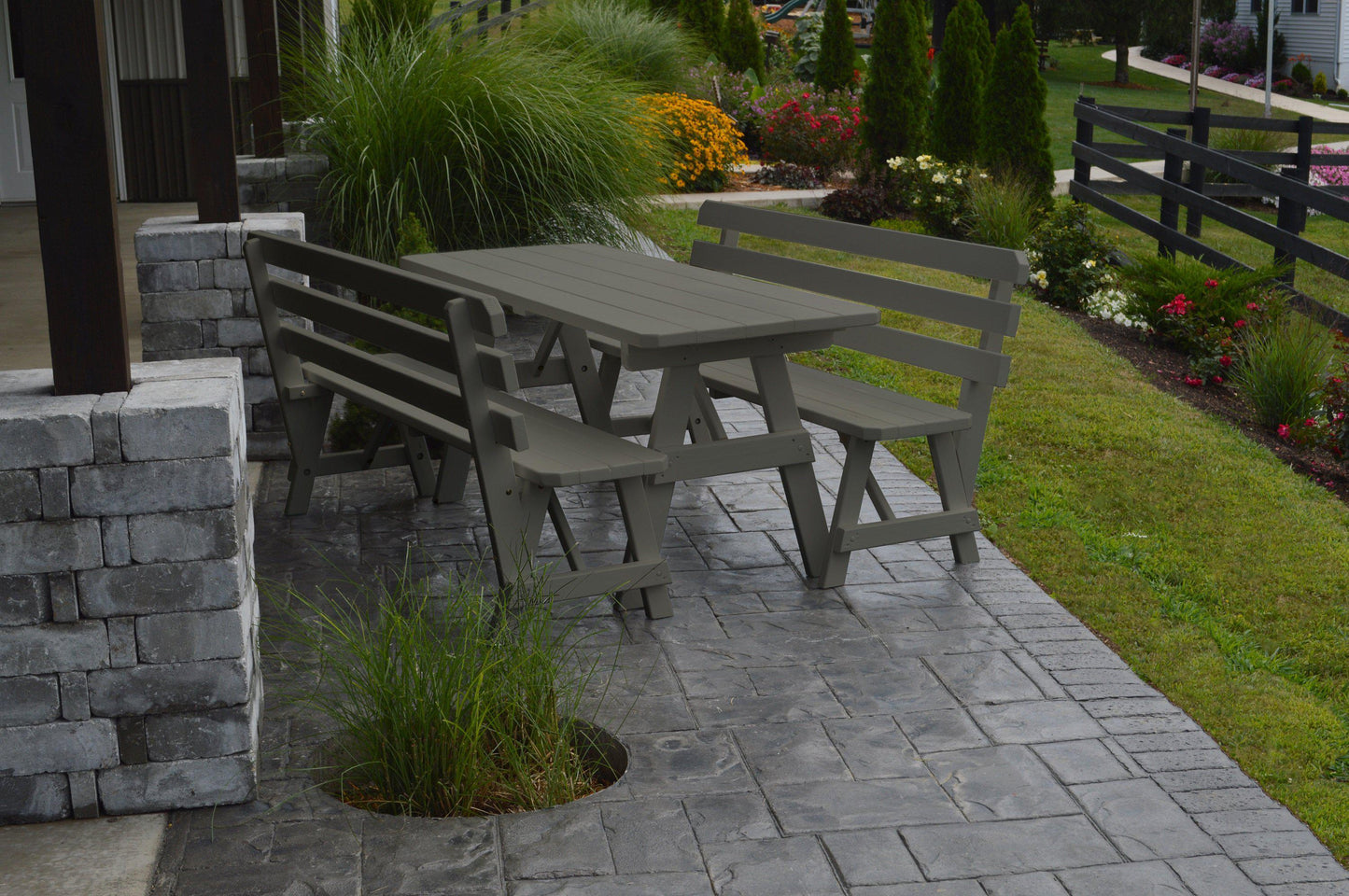 A&L Furniture Co. Yellow Pine 6' Table w/2 Backed Benches - Umbrella Hole - LEAD TIME TO SHIP 10 BUSINESS DAYS