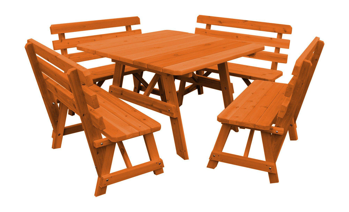 Regallion Outdoor Western Red Cedar 43" Square Table w/ 4 Backed Benches- Specify for FREE 2" Umbrella Hole - LEAD TIME TO SHIP 7 BUSINESS DAYS OR LESS
