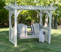 LuxCraft Adirondack 5ft. Recycled Plastic Porch Swing with Flip Down Center Console handing From the Luxcraft pergola porch swing stand - Weatherwood on black