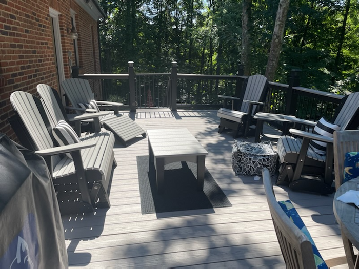 luxcraft recycled plastic 2' adirondack glider chair weatherwood on black set