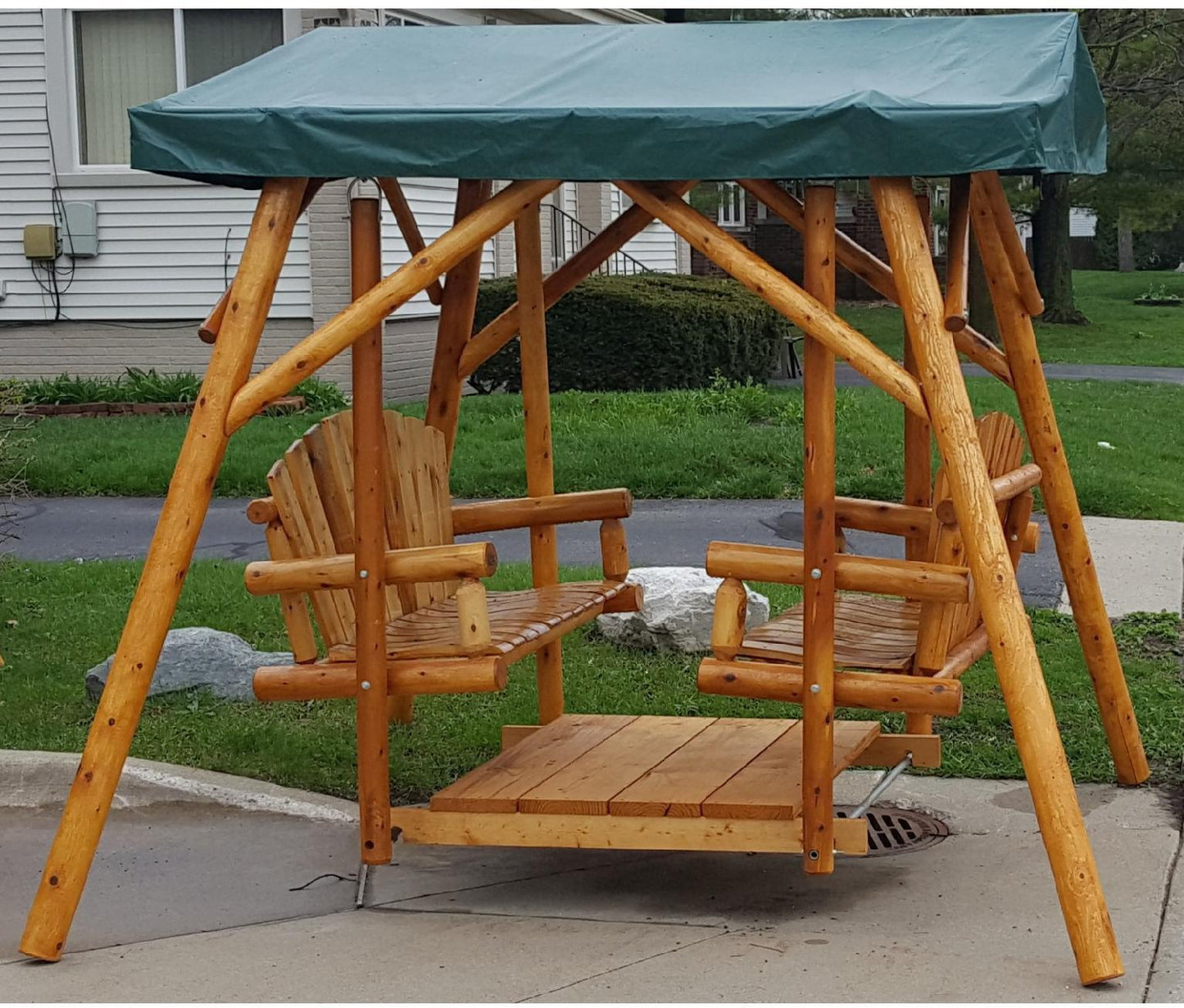 moon valley rustic outdoor cedar log double glider varnished with green canopy