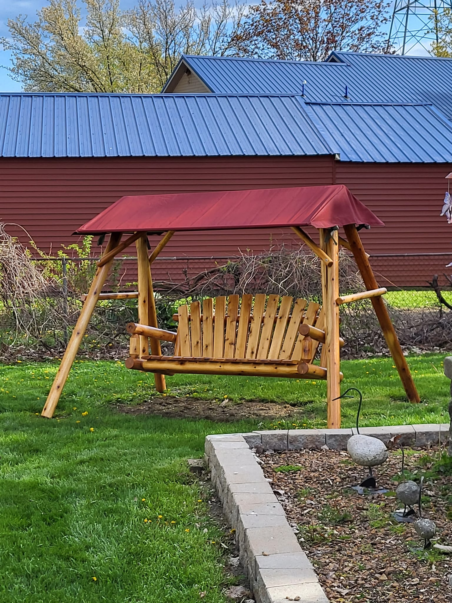 3 person cedar lawn swing varnished with burgundy canopy