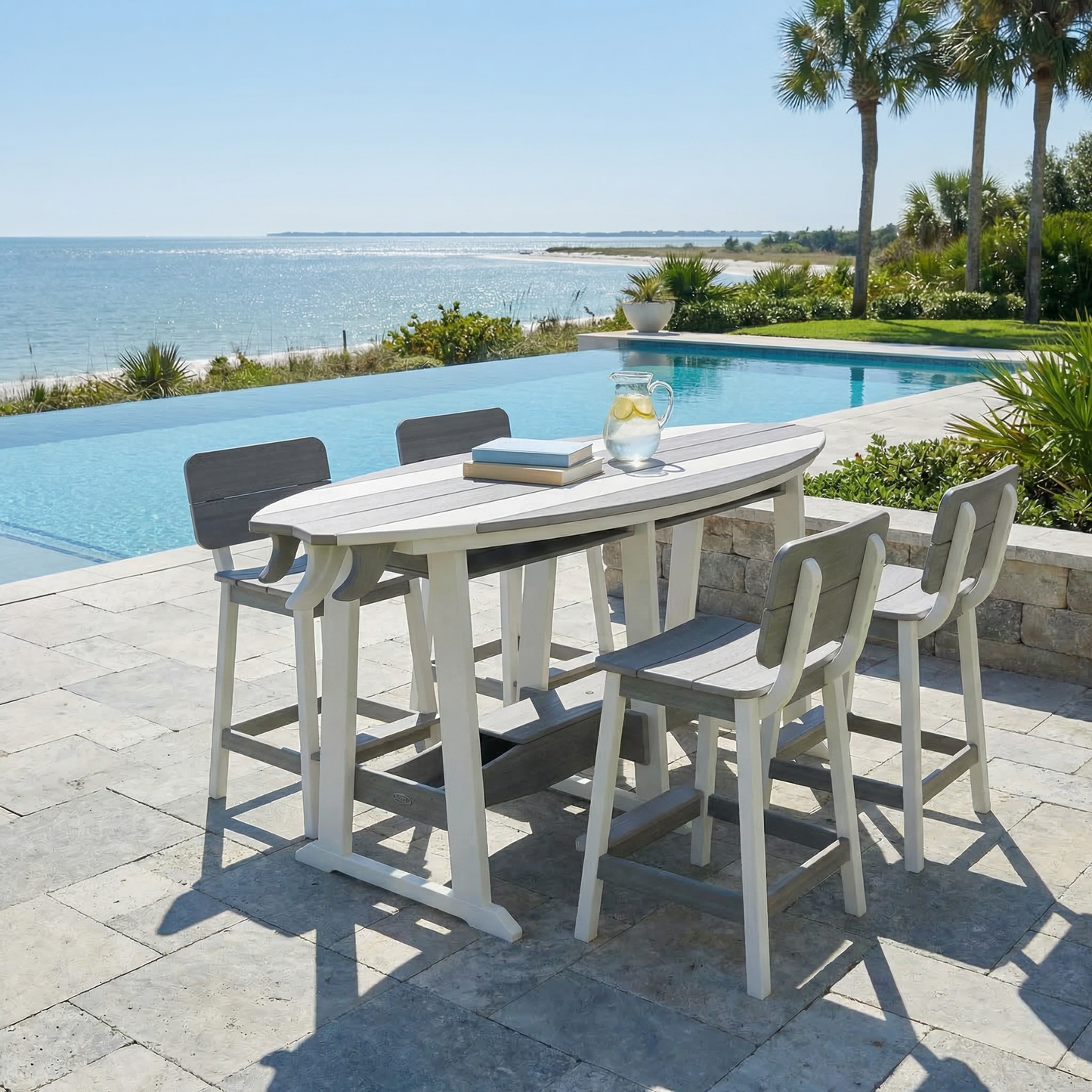 Beaver Dam Outdoor 8' Surf-Aira Bar Table Saddle Bar Stool w/ Back 5 Piece Set (BAR HEIGHT) - LEAD TIME TO SHIP 6 WEEKS OR LESS