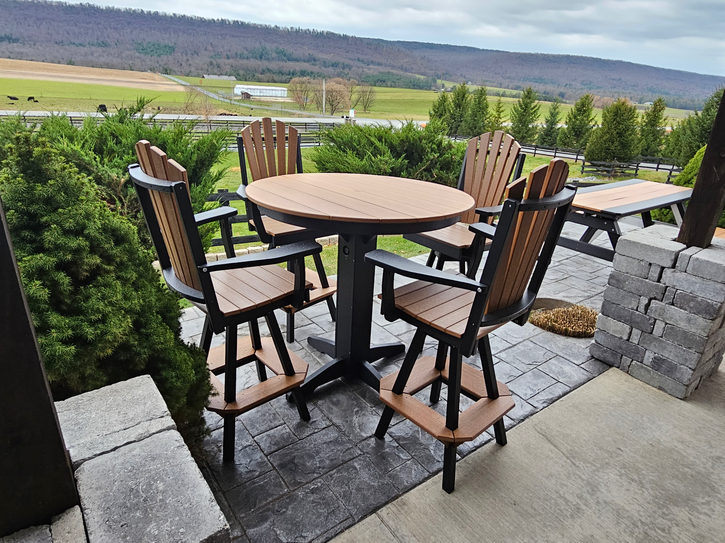 Bryton Park Poly Furniture Recycled Plastic 44in Round Bar Height Table with Fanback Swivel Bar Chair 5 Piece Set - LEAD TIME TO SHIP 10 BUSINESS DAYS