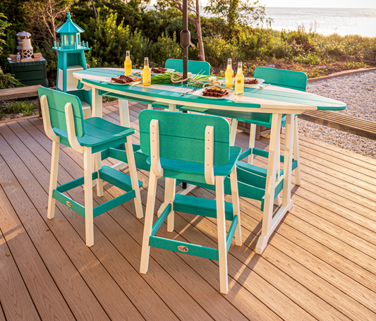 Beaver Dam Woodworks 8' Surf-Aira Bar Table Saddle Bar Stool w/ Back 5 Piece Set - BAR HEIGHT - LEAD TIME TO SHIP 4 WEEKS OR LESS