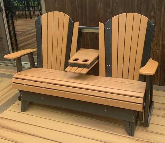 luxcraft recycled plastic 5' adirondack glider chair with flip down center console cedar on black
