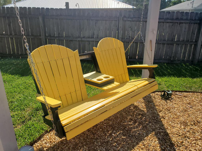 LuxCraft Adirondack 5ft. Recycled Plastic Porch Swing with Flip Down Center Console - Yellow on Black