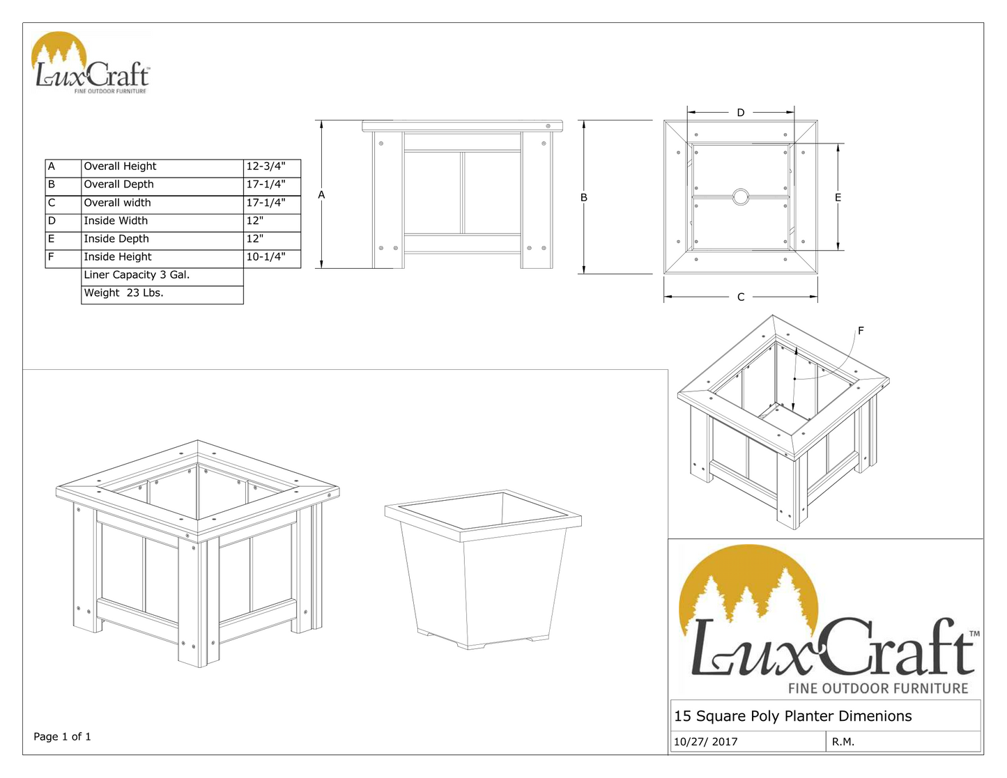 LuxCraft Recycled Plastic Classic 15" Square Planter - LEAD TIME TO SHIP 3 TO 4 WEEKS