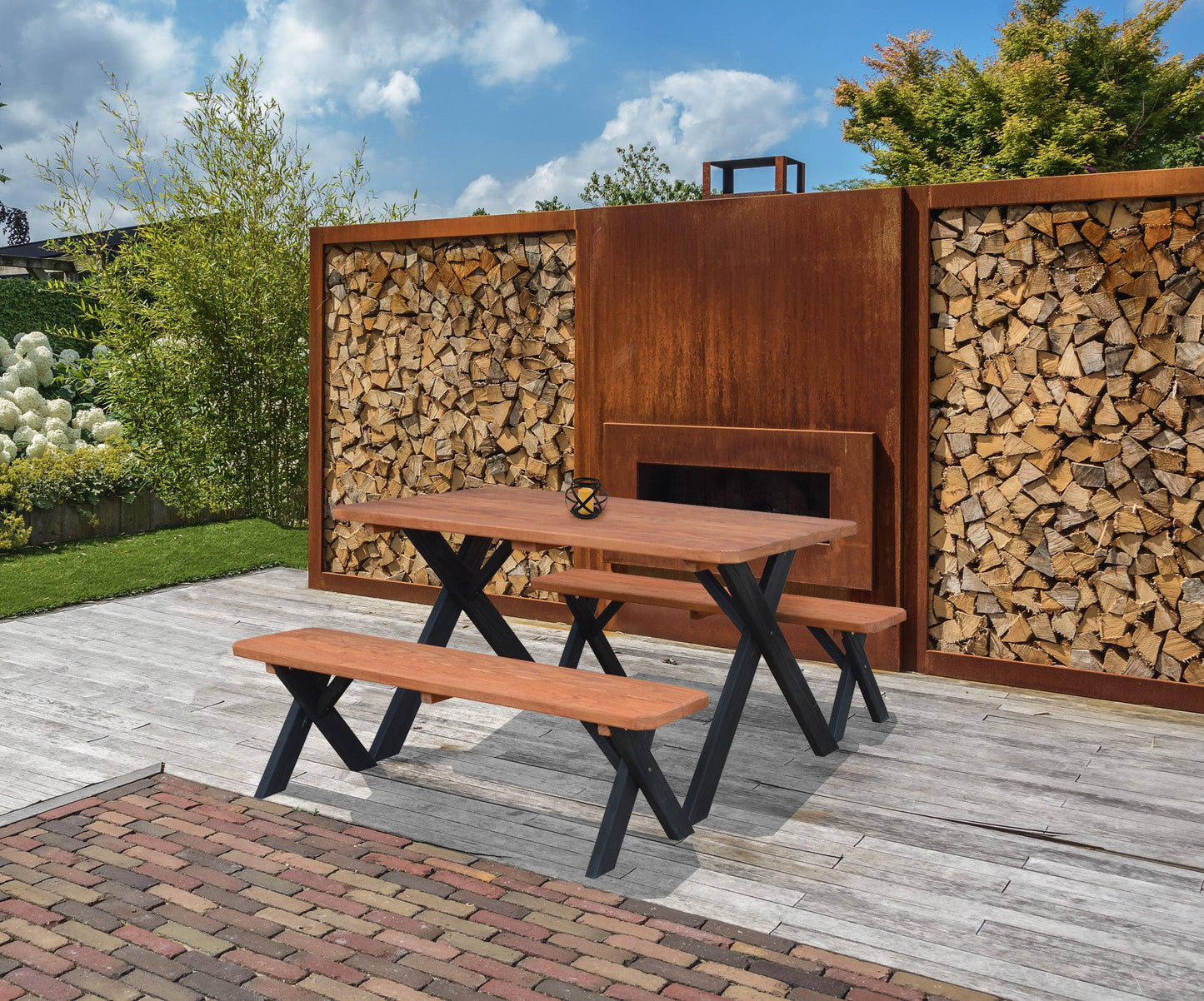 A&L Furniture Co. Pressure Treated Pine 5' Cross-leg Picnic Table w/2 Benches Redwood on Black - LEAD TIME TO SHIP 10 BUSINESS DAYS
