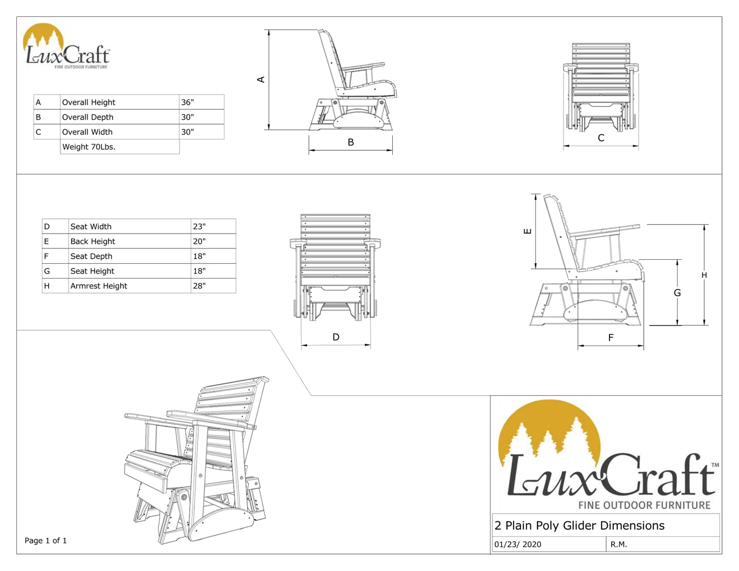 LuxCraft Rollback Recycled Plastic 2ft Plain Glider Chair - LEAD TIME TO SHIP 7 BUSINESS DAYS OR LESS