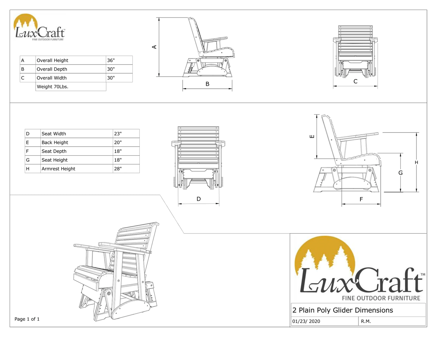 LuxCraft Rollback Recycled Plastic 2ft Plain Glider Chair - LEAD TIME TO SHIP 10 to 12 BUSINESS DAYS