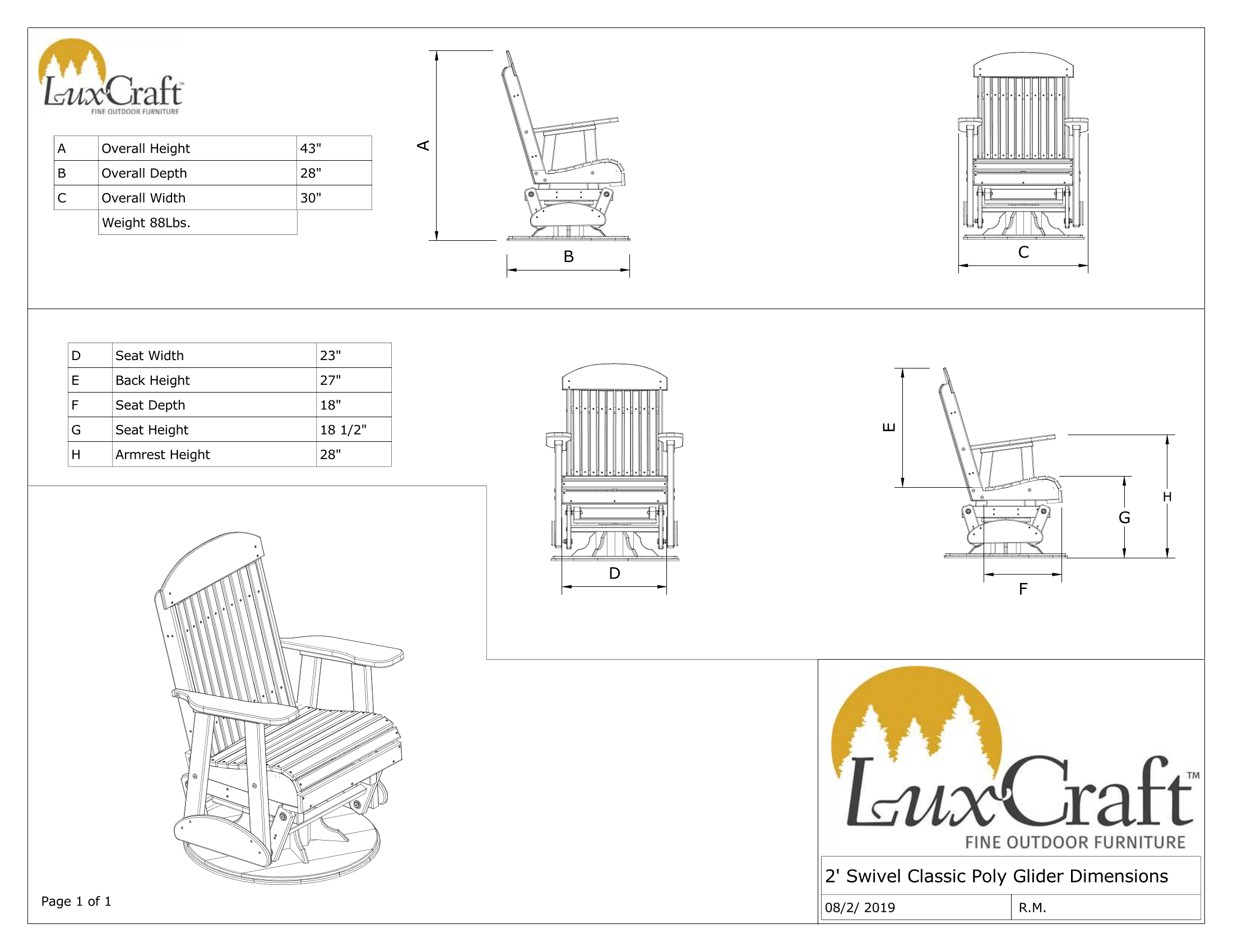 LuxCraft 2' Swivel Glider Chair Outdoor Rocker Glider Rocking Furniture