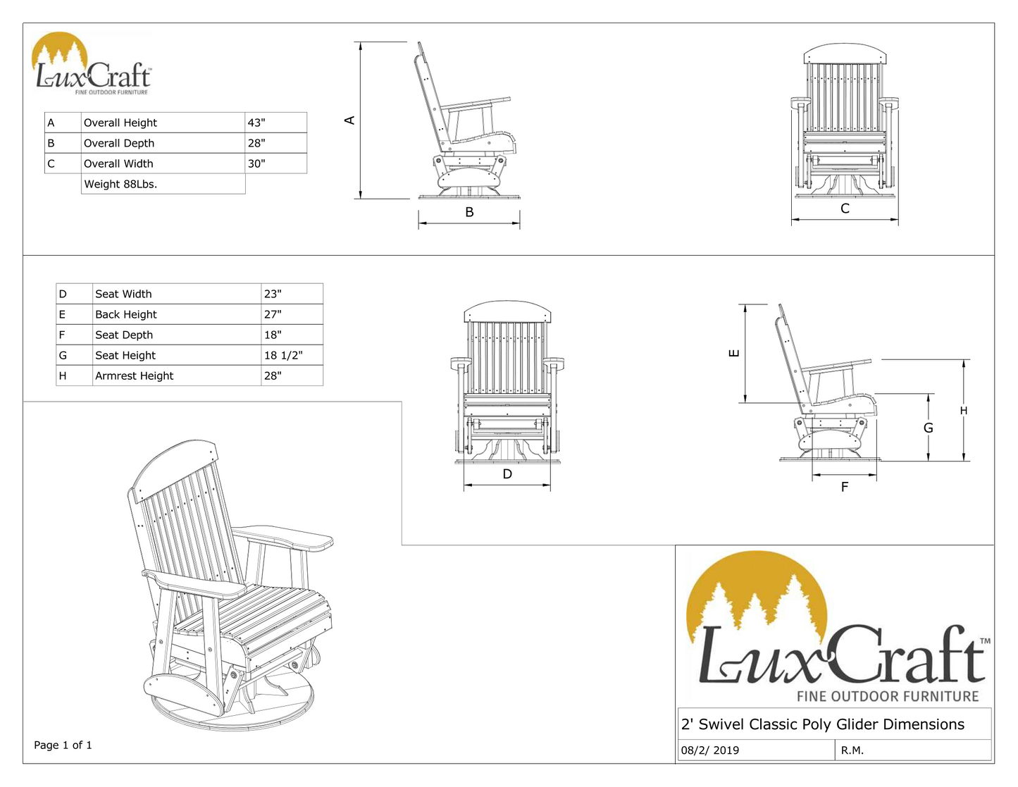 LuxCraft Classic Highback Recycled Plastic 2ft Swivel Glider Chair - LEAD TIME TO SHIP 7 BUSINESS DAYS OR LESS