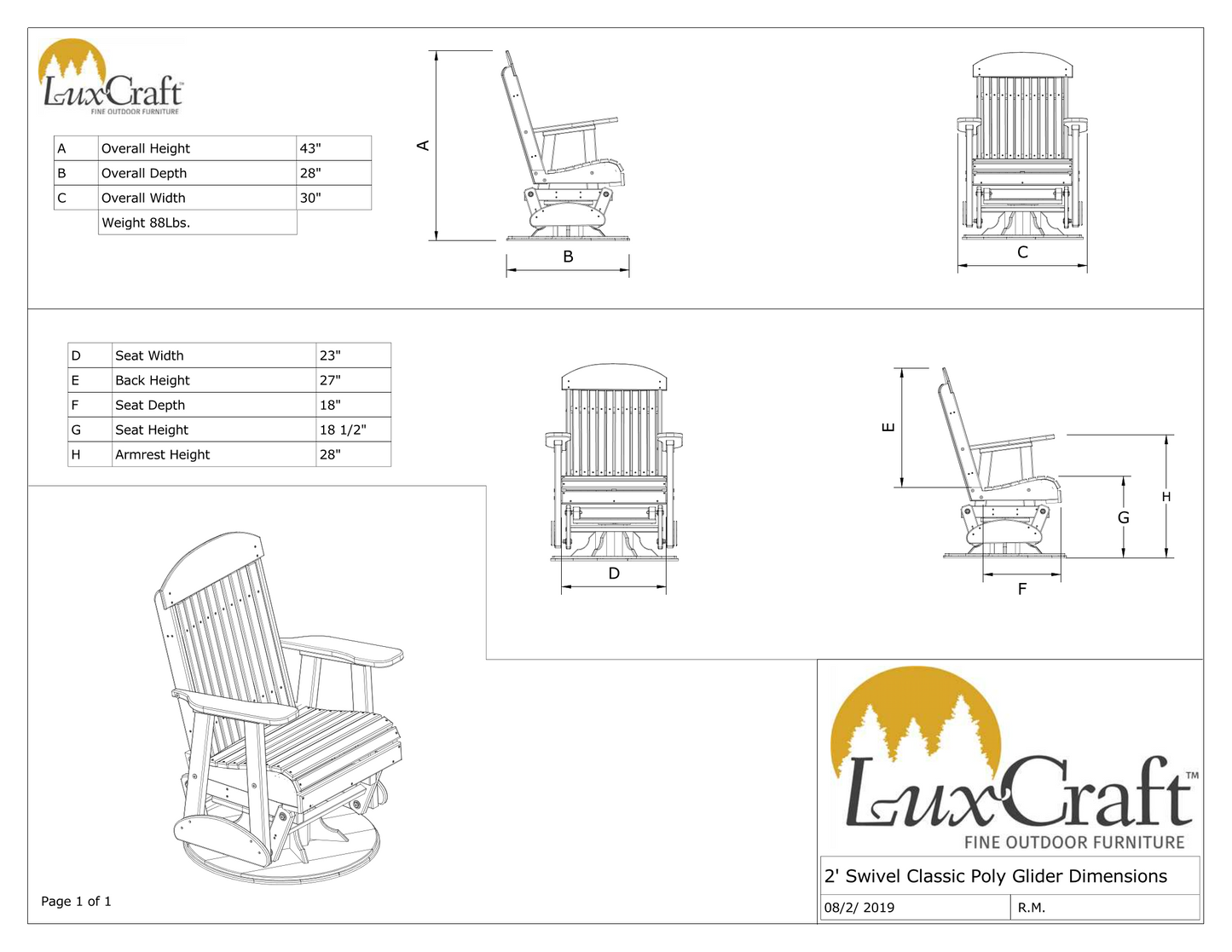 LuxCraft Classic Highback Recycled Plastic 2ft Swivel Glider Chair  - LEAD TIME TO SHIP 10 to 12 BUSINESS DAYS