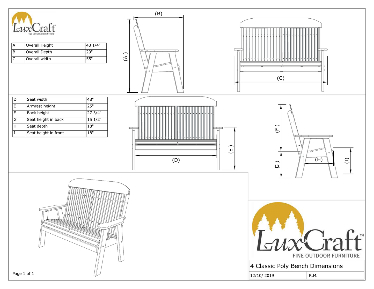LuxCraft Classic Highback Recycled Plastic 4ft Bench  - LEAD TIME TO SHIP 7 BUSINESS DAYS OR LESS
